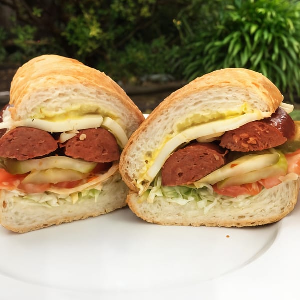 Two halves of a Picnicky's Sandwich Shop sandwich with sausage, cheese, pickles, and vegetables.
