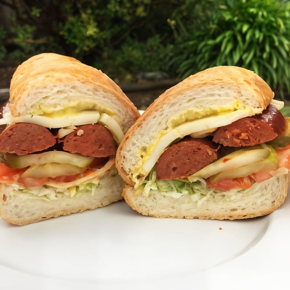 Two halves of a Picnicky's Sandwich Shop sandwich with sausage, cheese, pickles, and vegetables.